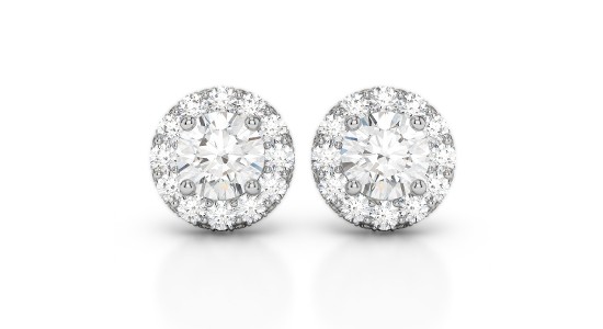 a pair of white gold diamond stud earrings with diamond halos