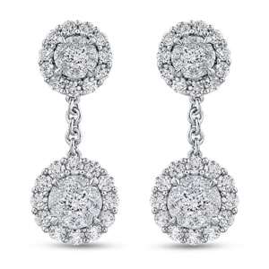 a pair of Shah Luxury drop diamond earrings with halo details.